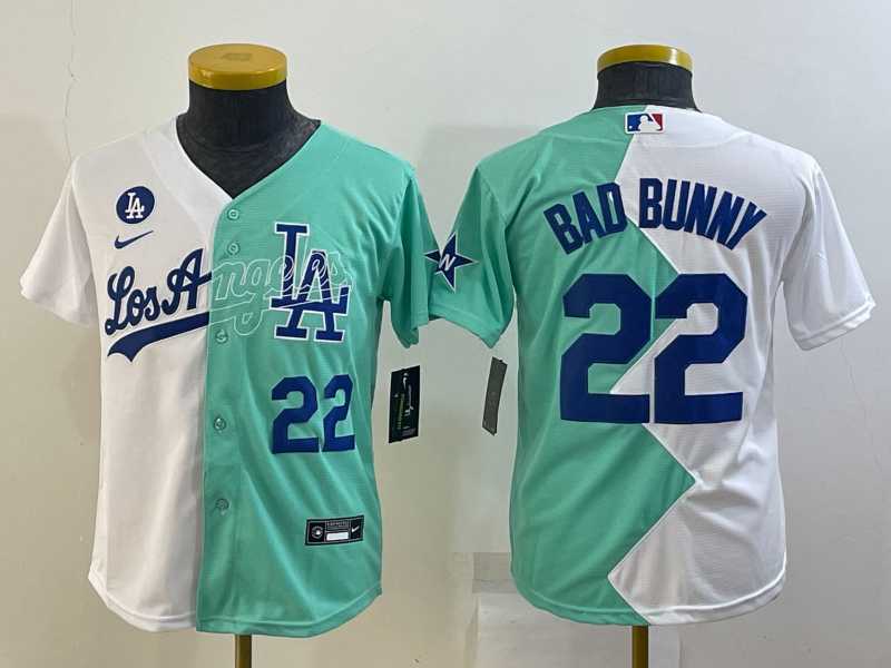 Youth Los Angeles Dodgers #22 Bad Bunny White Green Two Tone 2022 Celebrity Softball Game Cool Base Jersey1->mlb youth jerseys->MLB Jersey